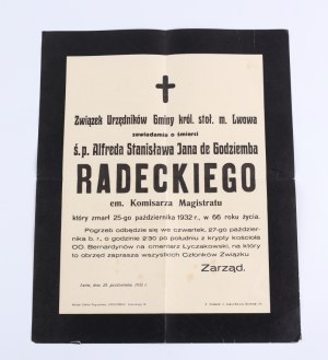 Union of Clerks of the Municipality of the Król. stoł. m. Lviv] Hourglass announcing the death of the late Alfred Radecki, em. Magistrate's Commissioner. Lviv 25 X 1932 City Funeral Home 