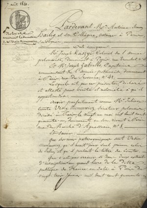 19th CENTURY, NIEMCEWICZ Julian Ursyn] Collection of notarial documents and other correspondence concerning the succession affairs of Julian Ursyn Niemcewicz. Dat. Paris [Paris] 2, 12 July and 7 August 1841.