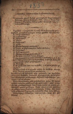 XIX CENTURY, Socialism] Defense of Citizen Laponneraye : pronounced before the Court of Oaths of the Department of the Seine, on April 21, 1832 [n. m. and d. published Paris?, not before 1832].