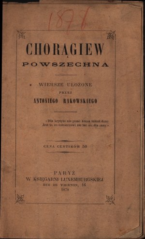 XIX WIEK] RAKOWSKI Antoni - The Universal Ensign. Poems arranged by [...] Paris 1878. at the Luxembourg Bookstore.