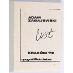 ZAGAJEWSKI Adam - List. Kraków 1979. Opr. graf. Piotr Jaksa. Krakowska Oficyna Studentów.