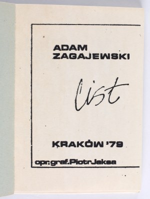 ZAGAJEWSKI Adam - Letter. Kraków 1979. opr. graph. Piotr Jaksa. Krakowska Oficyna Studentów.