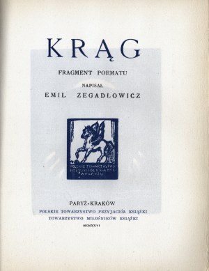 ZEGADŁOWICZ Emil - Circle. Paris-Cracow 1926. Polish Society of Friends of the Book, Society of Book Lovers.