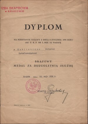 Diploma of the Bronze Medal for long service. Dated. 12 May 1938.