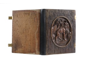 WASHINGTON] CDV photo album in carved wood binding with relief of chamois. [Poland, early 20th century]