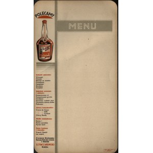 Restauracje] Menu nieznanej krakowskiej restauracji z reklamą Pierwszej Krakowskiej Parowej Fabryki wódek i likierów Szymczakowski. Kraków [okres międzywojenny] Druk. Zakł. Graf. Styl Kraków