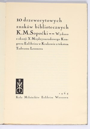 SOPOĆKO Konstanty Maria] 10 woodcut library signs by K[onstantego] M. Sopoćko. Published on the occasion of the 10th International Exlibris Congress in Cracow, with text by Tadeusz Leszner. Warsaw 1964, Circle of Exlibris Lovers Warsaw.