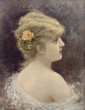 Emile E. Semenowsky (1857-1911), Portrait of a woman with a rose in her hair, 1889