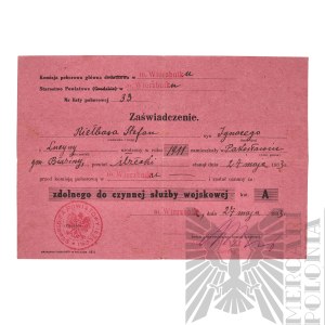 [KIEŁBASA] II RP Zaświadczenie Komisji Poborowej - Stefan Kiełbasa Korpus Ochrony Pogranicza Batalion “Hoszcza” Wierzbnik Pakosław