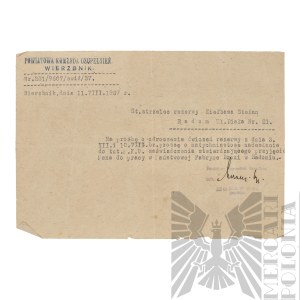 [KIEŁBASA] II RP Zaświadczenie z Powiatowej Komendy Uzupełnień o Odroczeniu Ćwiczeń Rezerwy 1937 - Stefan Kiełbasa Korpus Ochrony Pogranicza Batalion Hoszcza