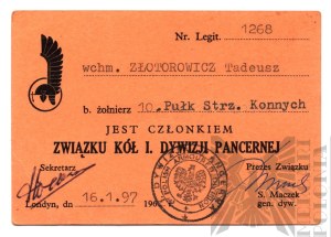 [GENERAL STANISŁAW MACZEK AUTOGRAPH] [ZŁOTOROWICZ] PSZnZ Legitimation of the Association of Circles of the 1st Armored Division - Tadeusz Złotorowicz - Knight of the Virtuti Militari