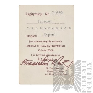 [ZŁOTOROWICZ] PSZnZ Legitimation of the Commemorative Medal of the 30th Anniversary of the Fighting of the 1st Grenadier Division in Lorraine - Tadeusz Złotorowicz - Knight of the Virtuti Militari