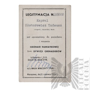 [ZŁOTOROWICZ] PRL Legitymacja Do Odznaki Pamiątkowej 1 Dywizji Grenadierów - Tadeusz Złotorowicz - Kawaler Virtuti Militari