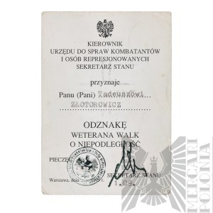 [ZŁOTOROWICZ] III RP Legitymacja Odznaka Weterana Walk o Niepodległość - Tadeusz Złotorowicz - Kawaler Virtuti Militari