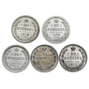 Russia - Alexander II (1855-1881) & Nicholas II. , 20 Kopecks LOT - 5 pcs
