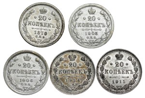 Russia - Alexander II (1855-1881) & Nicholas II. , 20 Kopecks LOT - 5 pcs