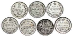 Russia - Nicholas II. , 15 Kopecks LOT - 7 pcs