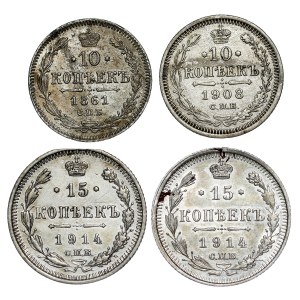 Russia - Alexander II & Nicholas II. , 15, 10 Kopecks LOT - 4 pcs