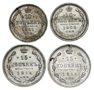 Russia - Alexander II & Nicholas II. , 15, 10 Kopecks LOT - 4 pcs