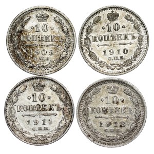 Russia - Nicholas II. , 10 Kopecks LOT - 4 pcs