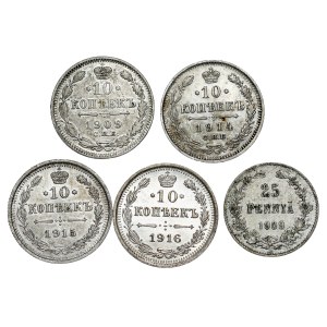Russia - Nicholas II. , 10 Kopecks LOT - 5 pcs