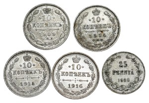 Russia - Nicholas II. , 10 Kopecks LOT - 5 pcs