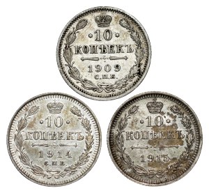 Russia - Nicholas II. , 10 Kopecks LOT - 3 pcs