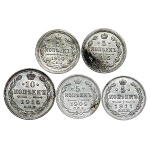 Russia - Nicholas II. , 5, 10 Kopecks LOT - 5 pcs