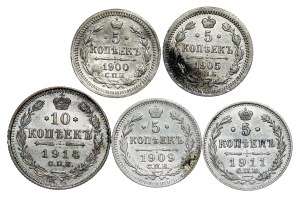 Russia - Nicholas II. , 5, 10 Kopecks LOT - 5 pcs