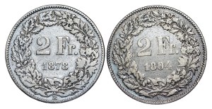 Switzerland - 2 Francs - 1878 , 1894