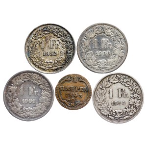 Switzerland - 1 Franc, 1 Rappen LOT - 5 pcs