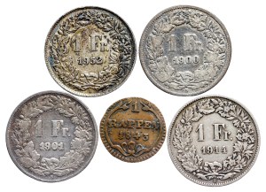 Switzerland - 1 Franc, 1 Rappen LOT - 5 pcs