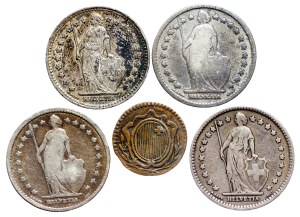 Switzerland - 1 Franc, 1 Rappen LOT - 5 pcs