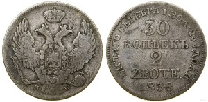 Poland, 30 kopecks = 2 zlotys, 1838 MW, Warsaw