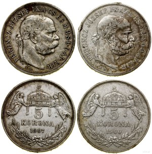 Hungary, set of 2 x 5 crowns, 1900 KB, 1907 KB, Kremnica