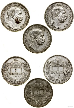 Hungary, lot 3 x 1 crown, 1914 KB, 1915 KB, 1916 KB, Kremnica
