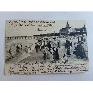 KOŁOBRZE KOLBERG, DŁUGI ADRES, PLAŻA, STEMPEL, ZNACZEK 1904 R