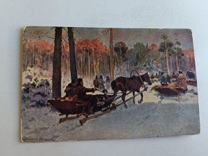 POLISH PAINTING OLSZEWSKI MARCHING OUT TO HUNT, STAMP, STAMP, HORSES, 1928