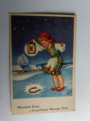 CHRISTMAS POSTCARD GIRL HORSESHOE