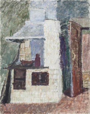 Krystyna LEWANDOWSKA (później: ŁOBODA) (1927-2018), Wnętrze kuchni z z piecem kaflowym, 1956