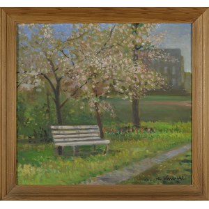 Marian KONARSKI MARZYN (1909-1998), Ławka pod kwitnącymi drzewami