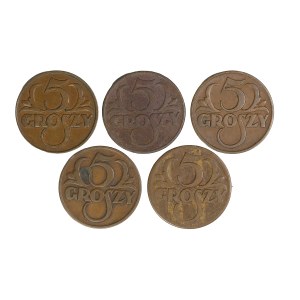 Zestaw 5 szt. 5 groszy, II Rzeczpospolita Polska 1923-1929