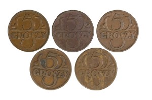 Set of 5 pcs. 5 pennies, Second Polish Republic 1923-1929