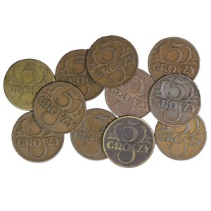 Zestaw 11 szt. 5 groszy, II Rzeczpospolita Polska 1923-1929