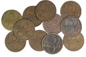 Set of 11 pcs. 5 pennies, Second Polish Republic 1923-1929