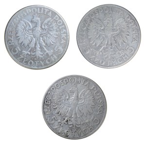 Zestaw 3 szt. 5 złotych, głowa kobiety, II Rzeczpospolita Polska 1923-1929