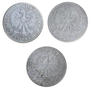 Set of 3 pcs. 5 gold, female head, Second Polish Republic 1923-1929