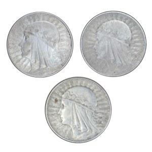 Zestaw 3 szt. 10 złotych, głowa kobiety, II Rzeczpospolita Polska 1923-1929