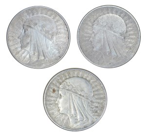 Set of 3 pcs. 10 gold, female head, Second Polish Republic 1923-1929