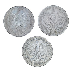 Zestaw 3 szt. 10 złotych, głowa kobiety, II Rzeczpospolita Polska 1923-1929